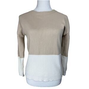 Poof Apparel Women's Sweater Sz S ColorBlock Tan Ivory Mock‎ Neck Lightweight